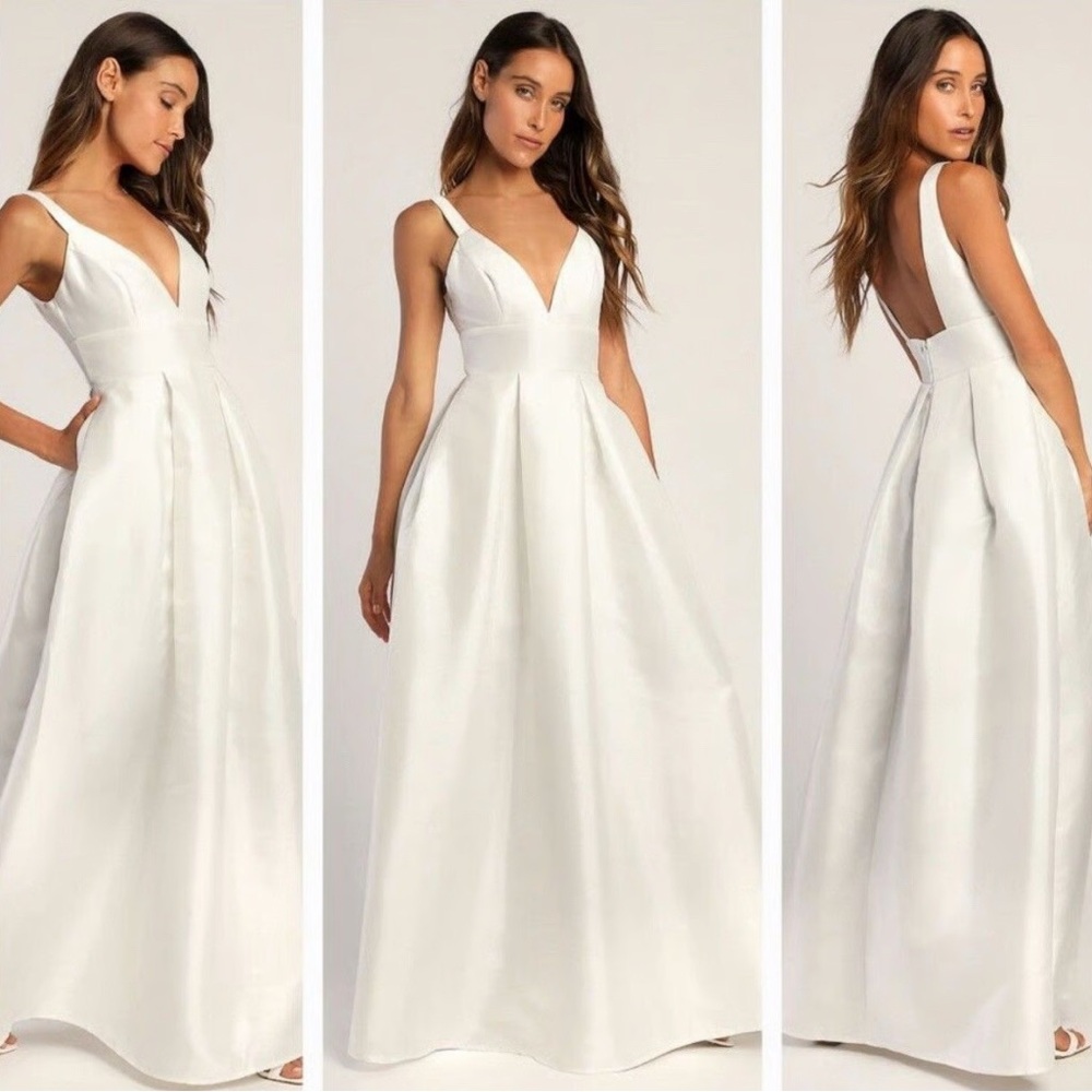 Lulu's Maniju White Dress with V-Neck Medium